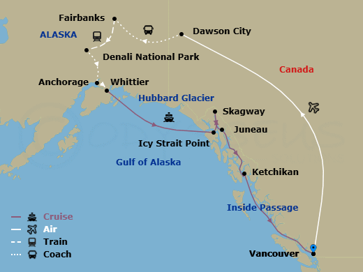 17 Night - Denali & Yukon Y1l - Tour Y1l - Westerdam Tours - Starting in Vancouver, BC, CA, Dawson City, Fairbanks, Denali National Park, Anchorage, Alaska, Whittier, Alaska, Cruising Hubbard Glacier, Icy Strait Point, Alaska, Skagway, Alaska, Juneau, Alaska, Ketchikan, Alaska, Scenic Cruising the Inside Passage, Vancouver, BC, CA itinerary map