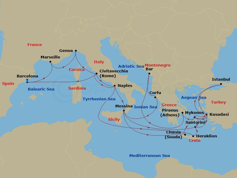 31 Night - The Best of the Mediterranean - Sun Princess - Starting in Barcelona, Spain, Marseille (Provence), France, Genoa (for Cinque Terre), Italy, Civitavecchia (for Rome), Italy, Naples, Italy (for Capri and Pompeii), Crete (Heraklion), Greece, Santorini, Greece, Kusadasi, Turkey (for Ephesus), Mykonos, Greece, Athens (Piraeus), Greece, Montenegro, Corfu, Greece, Sicily (Messina), Italy, Santorini, Greece, Mykonos, Greece, Kusadasi, Turkey (for Ephesus), Istanbul, Turkey, Kusadasi, Turkey (for Ephesus), Santorini, Greece, Mykonos, Greece, Crete (Chania), Greece, Sicily (Messina), Italy, Naples, Italy (for Capri and Pompeii), Civitavecchia (for Rome), Italy, Barcelona, Spain itinerary map