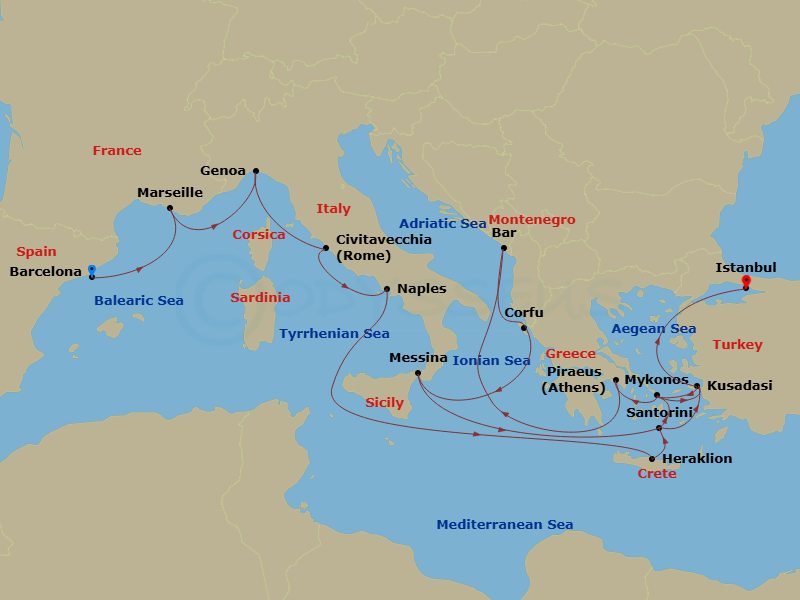 20 Night - The Best of the Mediterranean - Sun Princess - Starting in Barcelona, Spain, Marseille (Provence), France, Genoa (for Cinque Terre), Italy, Civitavecchia (for Rome), Italy, Naples, Italy (for Capri and Pompeii), Crete (Heraklion), Greece, Santorini, Greece, Kusadasi, Turkey (for Ephesus), Mykonos, Greece, Athens (Piraeus), Greece, Montenegro, Corfu, Greece, Sicily (Messina), Italy, Santorini, Greece, Mykonos, Greece, Kusadasi, Turkey (for Ephesus), Istanbul, Turkey itinerary map
