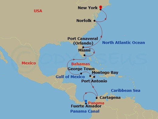 14 Night - The Americas & Caribbean - Crystal Serenity - Starting in Fuerte Amador (Panama City), Panama Canal Transit, Cartagena CO, Port Antonio, Montego Bay, George Town (Grand Cayman), Miami, Port Canaveral, Norfolk, New York itinerary map