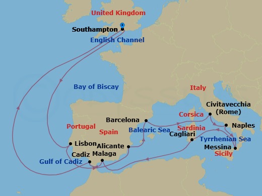 18 Night - Italy, Spain and Portugal - Queen Anne - Starting in Southampton, England, UK, Lisbon, Portugal, Alicante, Spain, Barcelona, Spain, Civitavecchia (tours to Rome), Italy, Naples (tours to Capri or Pompeii), Italy, Messina, Sicily, Italy, Cagliari, Sardinia, Italy, Malaga (tours to Granada), Spain, Cadiz (tours to Seville), Spain, Southampton, England, UK itinerary map