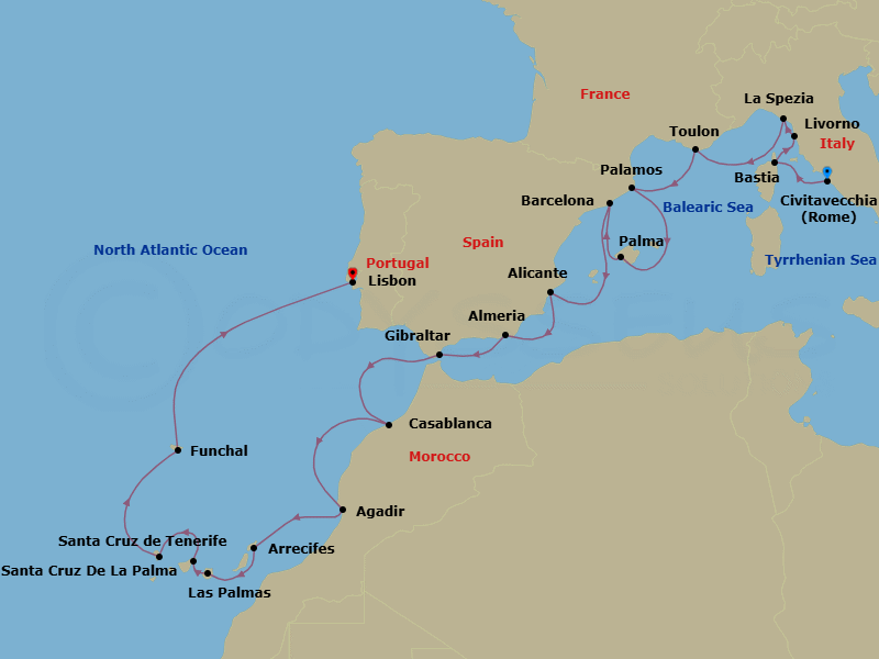 19 Night - Mediterranean Isles Legacy - Oceania Sirena - Starting in Rome (Civitavecchia), Bastia (Corsica), Florence / Pisa / Tuscany (Livorno), Cinque Terre (La Spezia), Toulon, Palamos, Palma De Mallorca, Barcelona, Alicante, Almeria, Gibraltar, Casablanca, Agadir, Arrecife (Lanzarote), Las Palmas De Gran Canaria, Santa Cruz de Tenerife, Santa Cruz de La Palma, Funchal (Madeira), Lisbon itinerary map
