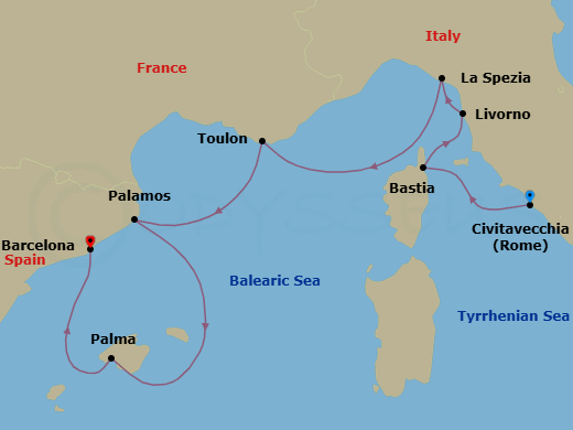 7 Night - Mediterranean Passage - Oceania Sirena - Starting in Rome (Civitavecchia), Bastia (Corsica), Florence / Pisa / Tuscany (Livorno), Cinque Terre (La Spezia), Toulon, Palamos, Palma De Mallorca, Barcelona itinerary map