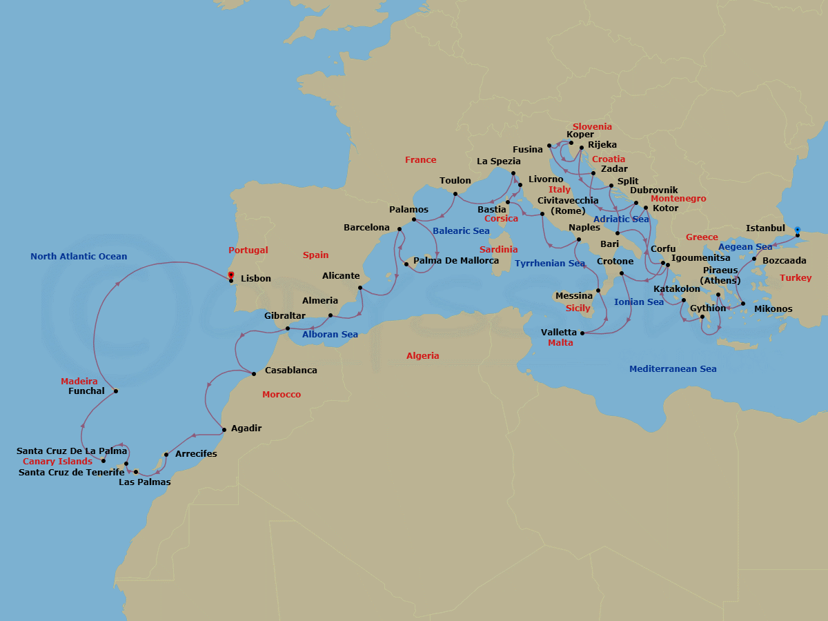 39 Night - Southern Mediterranean Gems - Oceania Sirena - Starting in Istanbul, Bozcaada (Troy), Mykonos, Athens (Piraeus), Gythion, Katakolon, Igoumenitsa, Kotor, Dubrovnik, Croatia, Zadar, Venice (Fusina), Koper, Rijeka, Split, Bari, Corfu, Crotone (Calabria), Valletta, Messina (Sicily), Naples / Pompeii, Rome (Civitavecchia), Bastia (Corsica), Florence / Pisa / Tuscany (Livorno), Cinque Terre (La Spezia), Toulon, Palamos, Palma De Mallorca, Barcelona, Alicante, Almeria, Gibraltar, Casablanca, Agadir, Arrecife (Lanzarote), Las Palmas De Gran Canaria, Santa Cruz de Tenerife, Santa Cruz de La Palma, Funchal (Madeira), Lisbon itinerary map