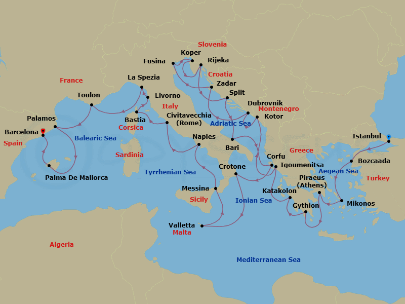 27 Night - Mediterranean East to West - Oceania Sirena - Starting in Istanbul, Bozcaada (Troy), Mykonos, Athens (Piraeus), Gythion, Katakolon, Igoumenitsa, Kotor, Dubrovnik, Croatia, Zadar, Venice (Fusina), Koper, Rijeka, Split, Bari, Corfu, Crotone (Calabria), Valletta, Messina (Sicily), Naples / Pompeii, Rome (Civitavecchia), Bastia (Corsica), Florence / Pisa / Tuscany (Livorno), Cinque Terre (La Spezia), Toulon, Palamos, Palma De Mallorca, Barcelona itinerary map