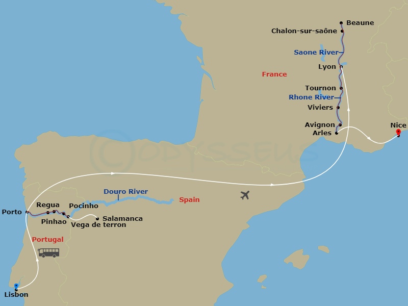 20 Night - Lisbon to Nice & Discover the Rivers of France & Portugal - Emerald Radiance - Starting in Lisbon, Lisbon / Porto, Porto / Pinhao, Pinhao / Vega de Terron, Vega de Terron / Salamanca, Pocinho / Regua, Regua, Porto, Porto / Lyon, Lyon, Vienne, Tournon, Viviers, Avignon, Arles, Arles / Nice, Nice itinerary map