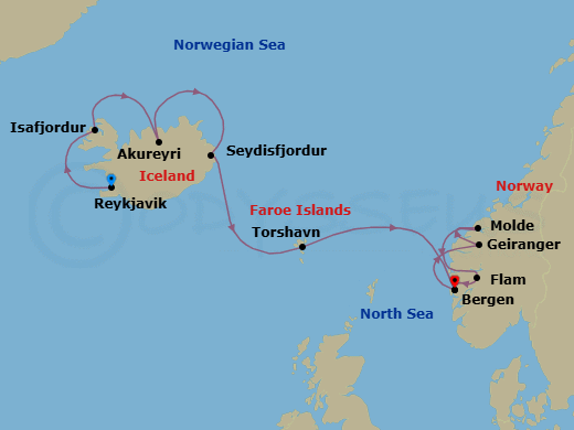 12 Night - Iceland's Majestic Landscapes - Viking Mira - Starting in Reykjavik, Isafjordur, Akureyri, Seydisfjordur, Sail the Norwegian Sea, Torshavn, Sail the North Sea, Bergen, Geiranger, Norway, Molde, Flam, Norway, Bergen itinerary map