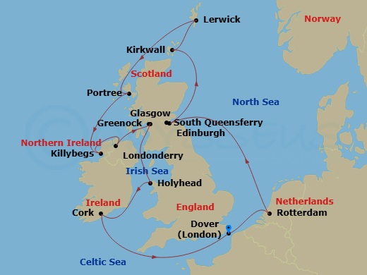 HAL Nieuw Statendam - 14 Night - Wild British Isles : Glasgow Overnight - HAL Nieuw Statendam - Starting in Dover UK (London), England, Rotterdam, the Netherlands, South Queensferr.. itinerary map