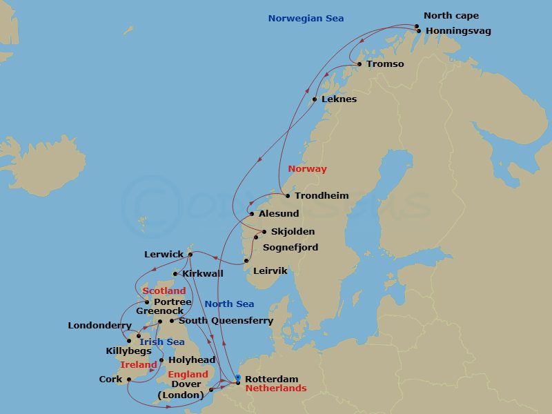 HAL Nieuw Statendam - 28 Night - Arctic Circle & British Isles Collectors' Voyage - HAL Nieuw Statendam - Starting in Rotterdam, the Netherlands, Alesund, Norway, Trondheim, Norway.. itinerary map