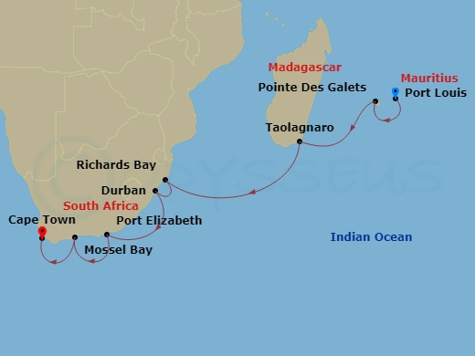 Azamara Journey - 14 Night - South Africa Intensive Cruise : Richards Bay, Durban & Cape Town - Azamara Journey - Starting in Port Louis, Pointe Des Galets, Taolagnaro, Richard.. itinerary map