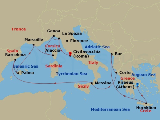 Sun Princess - 14 Night - Western Mediterranean with Greece & Italy - Sun Princess - Starting in Athens (Piraeus), Greece, Crete (Heraklion), Greece, Montenegro, Corfu, Gree.. itinerary map