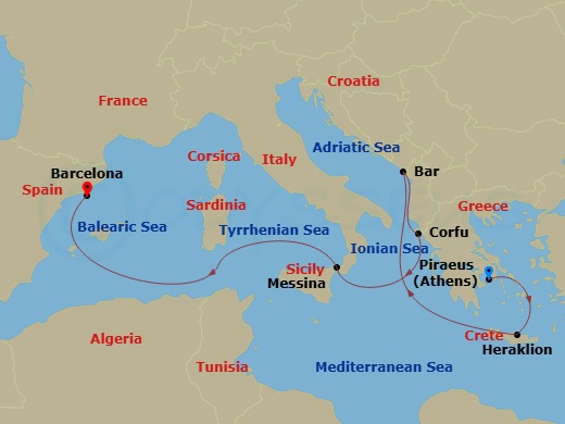 Sun Princess - 7 Night - Mediterranean with Greece & Adriatic - Sun Princess - Starting in Athens (Piraeus), Greece, Crete (Heraklion), Greece, Montenegro, Corfu, Greece, Si.. itinerary map
