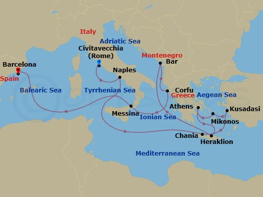 14 Night - Mediterranean with Greece, Turkey, & Adriatic - Sun Princess - Starting in Civitavecchia (for Rome), Italy, Naples, Italy (for Capri and Pompeii), Crete (Chania), Greece, Kusadasi, Turkey (for Ephesus), Mykonos, Greece, Athens (Piraeus), Greece, Crete (Heraklion), Greece, Montenegro, Corfu, Greece, Sicily (Messina), Italy, Barcelona, Spain itinerary map