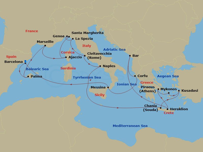 21 Night - The Best of the Mediterranean - Sun Princess - Starting in Barcelona, Spain, Mallorca (Palma), Spain, Marseille (Provence), France, Corsica (Ajaccio), France, Santa Margherita, Italy, Genoa (for Cinque Terre), Italy, La Spezia (for Florence / Pisa), Italy, Civitavecchia (for Rome), Italy, Naples, Italy (for Capri and Pompeii), Crete (Chania), Greece, Kusadasi, Turkey (for Ephesus), Mykonos, Greece, Athens (Piraeus), Greece, Crete (Heraklion), Greece, Montenegro, Corfu, Greece, Sicily (Messina), Italy, Barcelona, Spain itinerary map