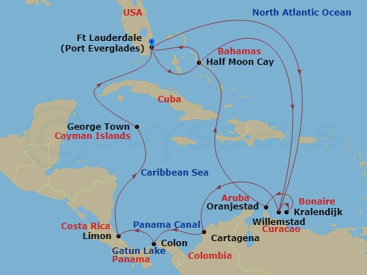 HAL Rotterdam - 21 Night - Southern Caribbean & Panama Canal : Abc Islands - HAL Rotterdam - Starting in Fort Lauderdale, Florida, Willemstad AN, Curacao, Kralendijk, Bonaire.. itinerary map