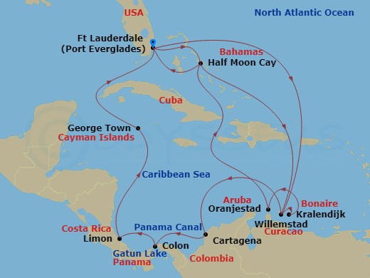 HAL Rotterdam - 21 Night - Panama Canal & Southern Caribbean : Abc Islands - HAL Rotterdam - Starting in Fort Lauderdale, Florida, Half Moon Cay, Bahamas, Willemstad AN, Cura.. itinerary map