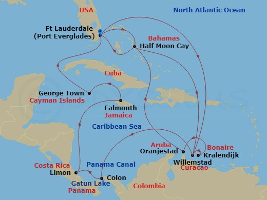 HAL Rotterdam - 21 Night - Panama Canal & Southern Caribbean : Abc Islands - HAL Rotterdam - Starting in Fort Lauderdale, Florida, Half Moon Cay, Bahamas, Willemstad AN, Cura.. itinerary map