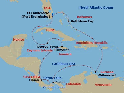 HAL Rotterdam - 12 Night - Panama Canal Discovery : Costa Rica & Greater Antilles - HAL Rotterdam - Starting in Fort Lauderdale, Florida, Half Moon Cay, Bahamas, Willemstad A.. itinerary map