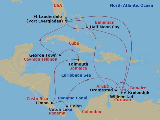 HAL Rotterdam - 21 Night - Southern Caribbean & Panama Canal : Abc Islands - HAL Rotterdam - Starting in Fort Lauderdale, Florida, Willemstad AN, Curacao, Kralendijk, Bonaire.. itinerary map