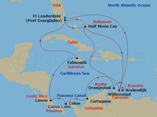 HAL Rotterdam - 21 Night - Panama Canal & Southern Caribbean Holiday - HAL Rotterdam - Starting in Fort Lauderdale, Florida, Half Moon Cay, Bahamas, Willemstad AN, Curacao, C.. itinerary map