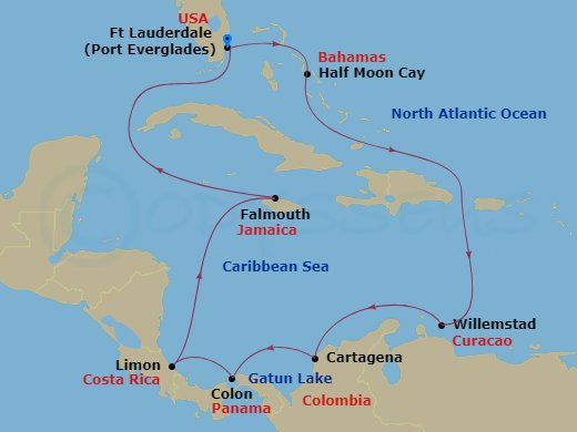 HAL Rotterdam - 12 Night - Panama Canal Holiday : Costa Rica & Greater Antilles - HAL Rotterdam - Starting in Fort Lauderdale, Florida, Half Moon Cay, Bahamas, Willemstad AN,.. itinerary map