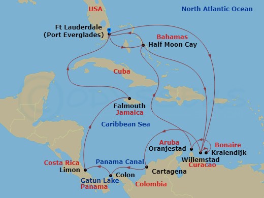 HAL Rotterdam - 21 Night - Southern Caribbean & Panama Canal Holiday - HAL Rotterdam - Starting in Fort Lauderdale, Florida, Willemstad AN, Curacao, Kralendijk, Bonaire, Oran.. itinerary map