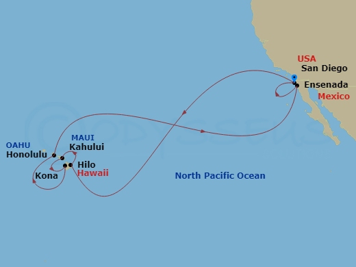HAL Zaandam - 17 Night - Circle Hawaii Holiday - HAL Zaandam - Starting in San Diego, California, Hilo, Hawaii, Kahului, Maui, Kona, Hawaii, Honolulu, Hawaii, Ensenada, Mex.. itinerary map