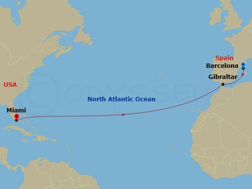 NCL Norwegian Luna - 11 Night - Repo - Transatlantic - NCL Norwegian Luna - Starting in Barcelona, Spain, Gibraltar, Miami, Fl itinerary map