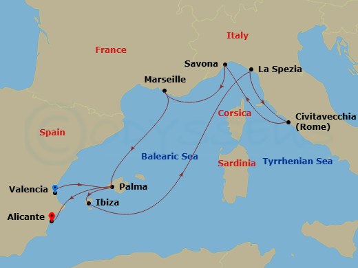 Costa Pacifica - 9 Night - Western Mediterranean from Valencia - Costa Pacifica - Starting in Valencia, Palma De Mallorca, Ibiza, La Spezia, Civitavecchia, Savona, Marseille,.. itinerary map