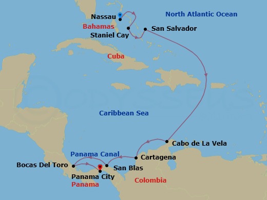 10 Night - Pristine Islands of the Bahamas & the Panama Canal - Scenic Eclipse - Starting in Nassau, Bahamas, Staniel Cay, Bahamas, San Salvador Island, Bahamas, Cabo de La Vela, Colombia, Cartagena CO, San Blas, Panama, Bocas Del Toro, Panama, Panama Canal Transit / Panama City, Panama, Panama City, Panama itinerary map