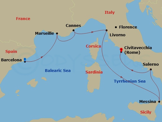 NCL Norwegian Epic - 7 Night - Europe - Western Mediterranean - Barcelona - NCL Norwegian Epic - Starting in Barcelona, Spain, Provence, Marseille, France, Cannes, France, Livorno.. itinerary map