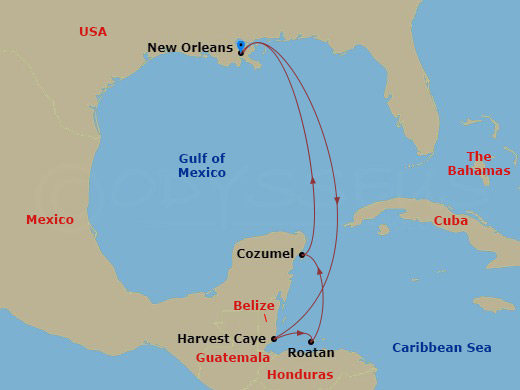 NCL Norwegian Escape - 7 Night - Western Caribbean - New Orleans - NCL Norwegian Escape - Starting in New Orleans, La, Harvest Caye, Belize, Roatan Bay Islands, Honduras, Cozumel, M.. itinerary map