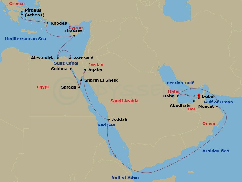 NCL Norwegian Sun - 21 Night - Asia - Middle East - NCL Norwegian Sun - Starting in Piraeus / Athens, Greece, Rhodes, Greece, Limassol, Cyprus, Alexandria EG (Cairo), Egypt, Port.. itinerary map