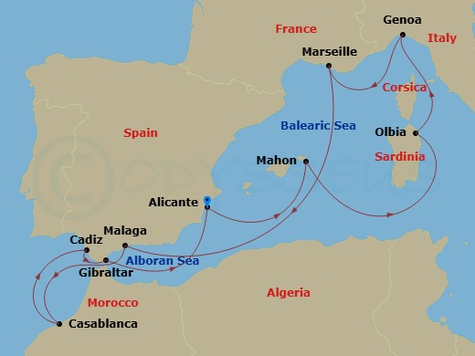 10 Night - Mediterranean - MSC Sinfonia - Starting in Alicante, Spain, Mahon, Menorca, Spain, Olbia, Italy, Genoa (Portofino), Italy, Marseille (Provence), France, Malaga (Granada), Spain, Casablanca (Marrakesh), Morocco, Cadiz (Seville), Spain, Gibraltar, Alicante, Spain itinerary map