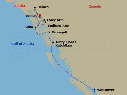Star Seeker - 8 Night - Scenic Alaska - Star Seeker - Starting in Vancouver, Transit Seymour Narrow, Ketchikan, Misty Fjords / Rudyerd Bay, Wrangell, Sitka, Tracy Arm / End.. itinerary map