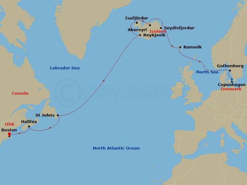 Caribbean Princess - 16 Night - Fire & Ice Explorer - Caribbean Princess - Starting in Copenhagen, Denmark, Gothenburg, Sweden, Runavik, Faroe Islands, Seydisfjordur, Iceland, Aku.. itinerary map