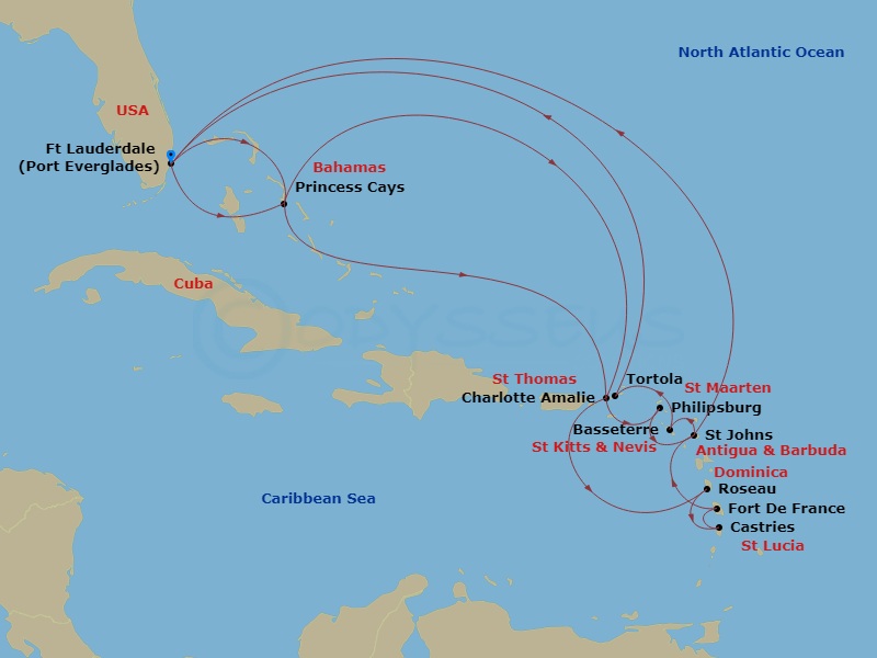 Caribbean Princess - 20 Night - Caribbean Explorer - Caribbean Princess - Starting in Fort Lauderdale, Florida, Princess Cays, Bahamas, St Thomas, US Virgin Islands, St Maarten, A.. itinerary map