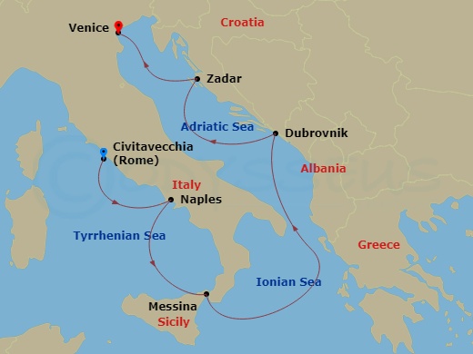 Star Legend - 8 Night - Winter Italy and the Dalmatian Coast - Star Legend - Starting in Rome, Naples, Messina (Taormina), Dubrovnik, Croatia, Zadar, Venice itinerary map