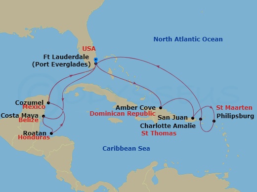Majestic Princess - 14 Night - Eastern / Western Caribbean Adventurer - Majestic Princess - Starting in Fort Lauderdale, Florida, Amber Cove, Dominican Republic, San Juan, Puerto.. itinerary map