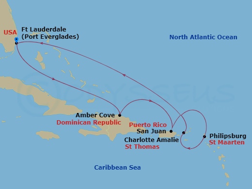 Majestic Princess - 8 Night - Eastern Caribbean with St. Thomas - Majestic Princess - Starting in Fort Lauderdale, Florida, Amber Cove, Dominican Republic, San Juan, Puerto Rico,.. itinerary map