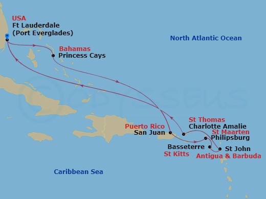 Enchanted Princess - 10 Night - Eastern Caribbean with St. Kitts - Enchanted Princess - Starting in Fort Lauderdale, Florida, Princess Cays, Bahamas, San Juan, Puerto Rico, St Maa.. itinerary map