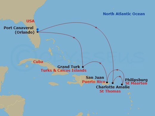 Sky Princess - 8 Night - Eastern Caribbean with St. Thomas - Sky Princess - Starting in Port Canaveral (Orlando), Florida, St Thomas, US Virgin Islands, St Maarten, San Juan.. itinerary map