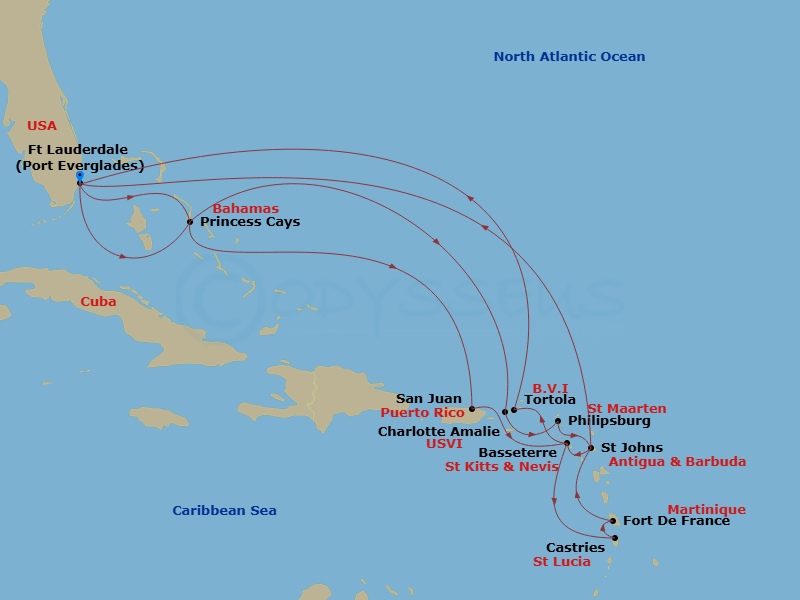 Caribbean Princess - 20 Night - Caribbean Explorer - Caribbean Princess - Starting in Fort Lauderdale, Florida, Princess Cays, Bahamas, San Juan, Puerto Rico, St Kitts, St Lucia,.. itinerary map