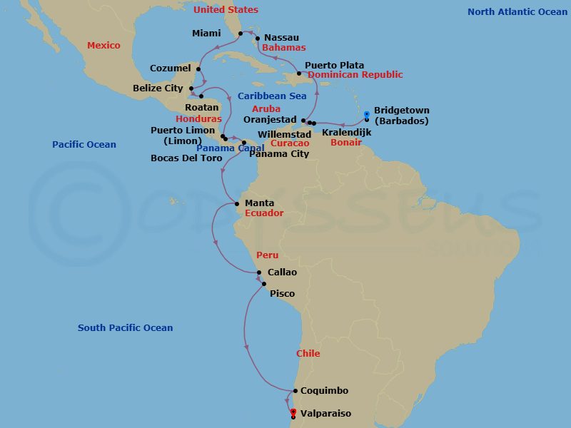 28 Night - Caribbean, Central America & Peru Cruise : Aruba, Miami & Panama Canal - Azamara Quest - Starting in Bridgetown, Kralendijk, Willemstad AN, Oranjestad, Puerto Plata, Dominican Republic, Nassau, Miami, Florida, Cozumel, Mexico, Belize City, Roatan, Puerto Limon, Bocas del Toro, Panama Canal (Cruising), Panama City (Fuerte Amador), Manta, Callao (Lima), Pisco, Coquimbo, Valparaiso itinerary map