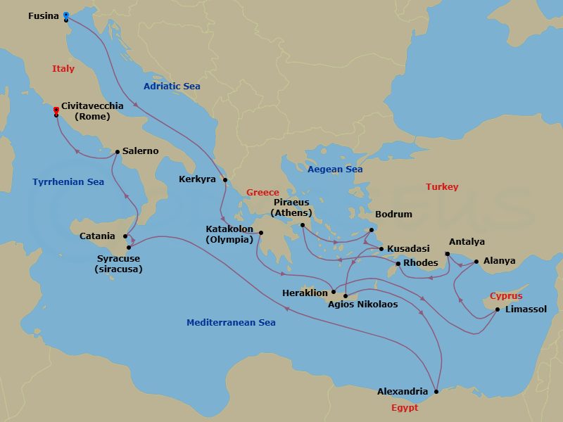 24 Night - Turkey, Egypt & Italy Cruise : Ephesus, Alexandria & Amalfi Coast - Azamara Journey - Starting in Venice (Fusina), Corfu, Olympia (Katakolon), Heraklion, (Crete), Limassol, Alanya, Antalya, Rhodes, Athens (Piraeus), Ephesus (Kusadasi), Bodrum, Agios Nikolaos, (Crete), Alexandria EG (Cairo), Egypt, Siracusa, Sicily, Catania, (Sicily), Salerno, Rome (Civitavecchia) itinerary map