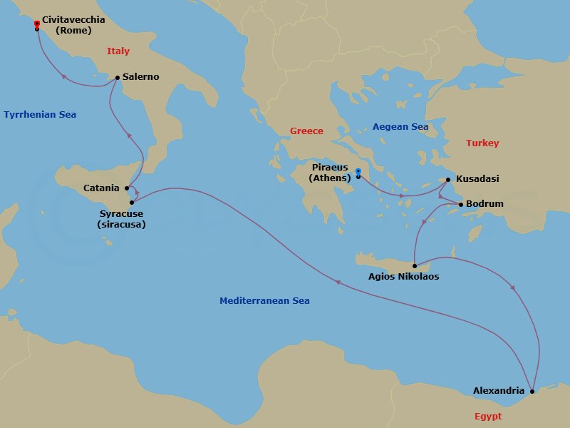 13 Night - Turkey, Egypt & Italy Cruise : Ephesus, Alexandria & Amalfi Coast - Azamara Journey - Starting in Athens (Piraeus), Ephesus (Kusadasi), Bodrum, Agios Nikolaos, (Crete), Alexandria EG (Cairo), Egypt, Siracusa, Sicily, Catania, (Sicily), Salerno, Rome (Civitavecchia) itinerary map