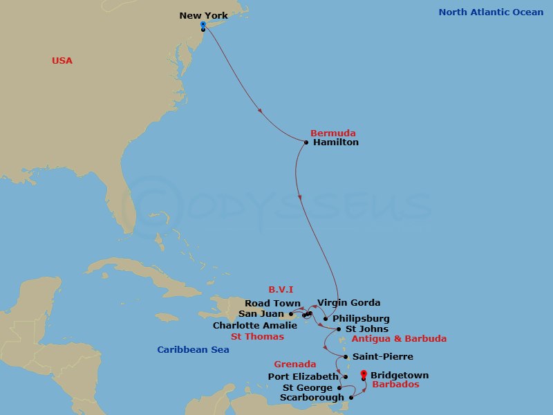 17 Night - Bermuda & Eastern Caribbean Cruise : Sint Maarten, Antigua & Tobago - Azamara Quest - Starting in New York City, New York, Hamilton, Philipsburg, Road Town, Tortola, San Juan, Charlotte Amalie, St Thomas, Virgin Gorda, St Johns AG, Saint-Pierre, Port Elizabeth VC, Bequia, Saint Georges, Grenada, Scarborough, Tobago, Bridgetown itinerary map