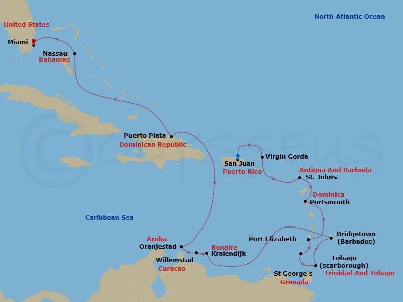 17 Night - Eastern & Southern Caribbean Cruise : Grenada, Barbados & Aruba - Azamara Quest - Starting in San Juan, Virgin Gorda, St Johns AG, Portsmouth DM, Port Elizabeth VC, Bequia, Saint Georges, Grenada, Scarborough, Tobago, Bridgetown, Kralendijk, Willemstad AN, Oranjestad, Puerto Plata, Dominican Republic, Nassau, Miami, Florida itinerary map