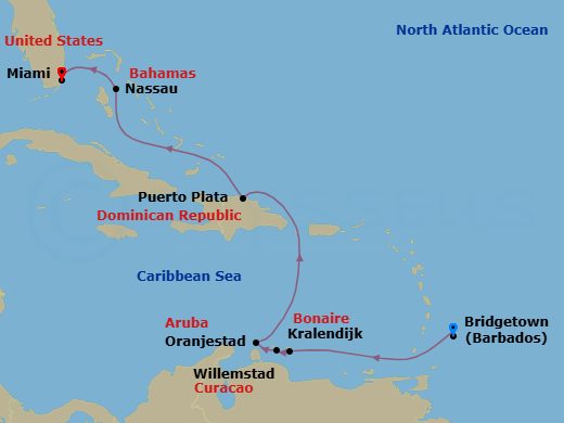 9 Night - Southern Caribbean Holiday Cruise : Aruba, Bonaire & Curacao - Azamara Quest - Starting in Bridgetown, Kralendijk, Willemstad AN, Oranjestad, Puerto Plata, Dominican Republic, Nassau, Miami, Florida itinerary map