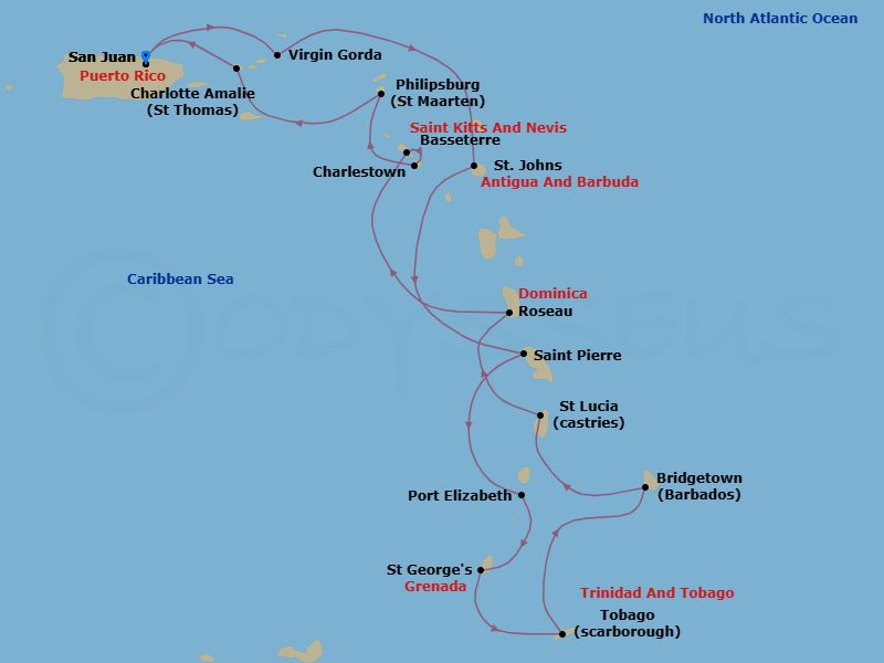 14 Night - Caribbean Cruise : Antigua, Grenada & Saint Lucia - Azamara Quest - Starting in San Juan, Virgin Gorda, St Johns AG, Saint-Pierre, Port Elizabeth VC, Bequia, Saint Georges, Grenada, Scarborough, Tobago, Bridgetown, Castries, Roseau, Basseterre, St Kitts, Charlestown, Nevis, Philipsburg, Charlotte Amalie, St Thomas, San Juan itinerary map